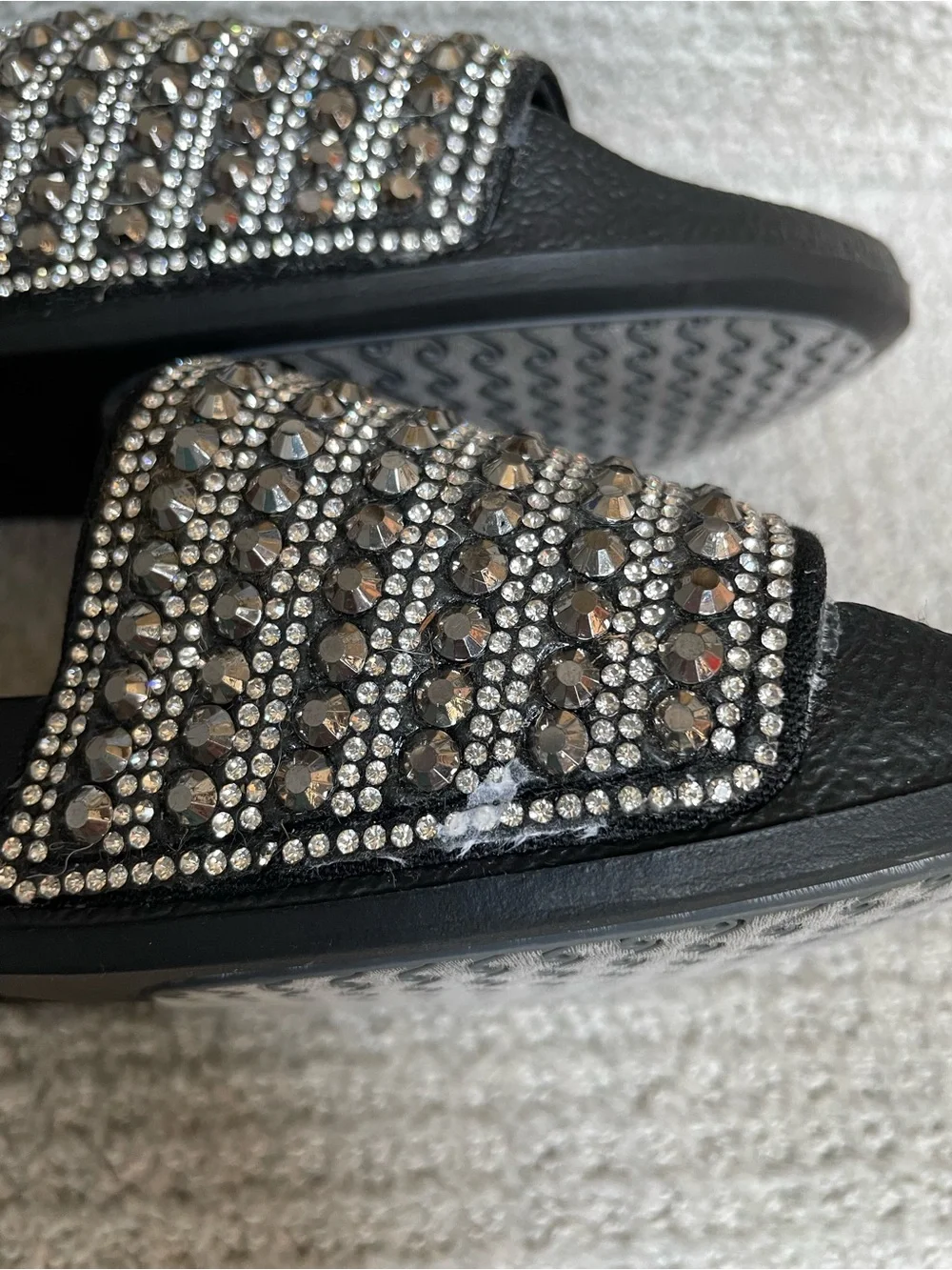 Skechers Black Cali Pop Ups Comfort Foot Bed Bling Sparkle Slides Sandals